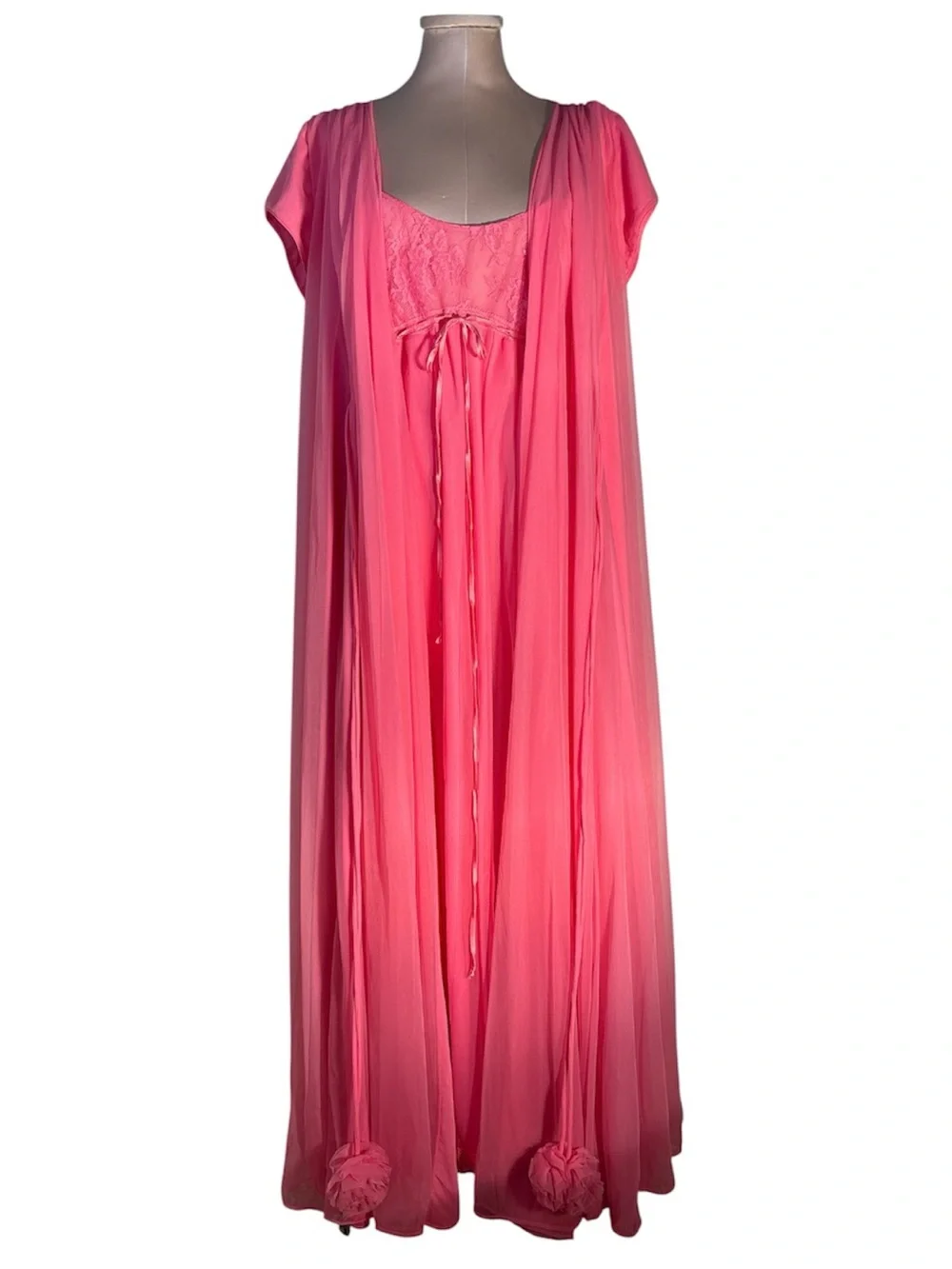 Lucie Ann Layered Pink Chiffon Peignoir Set with Pom Accents! Rare find! Sz M